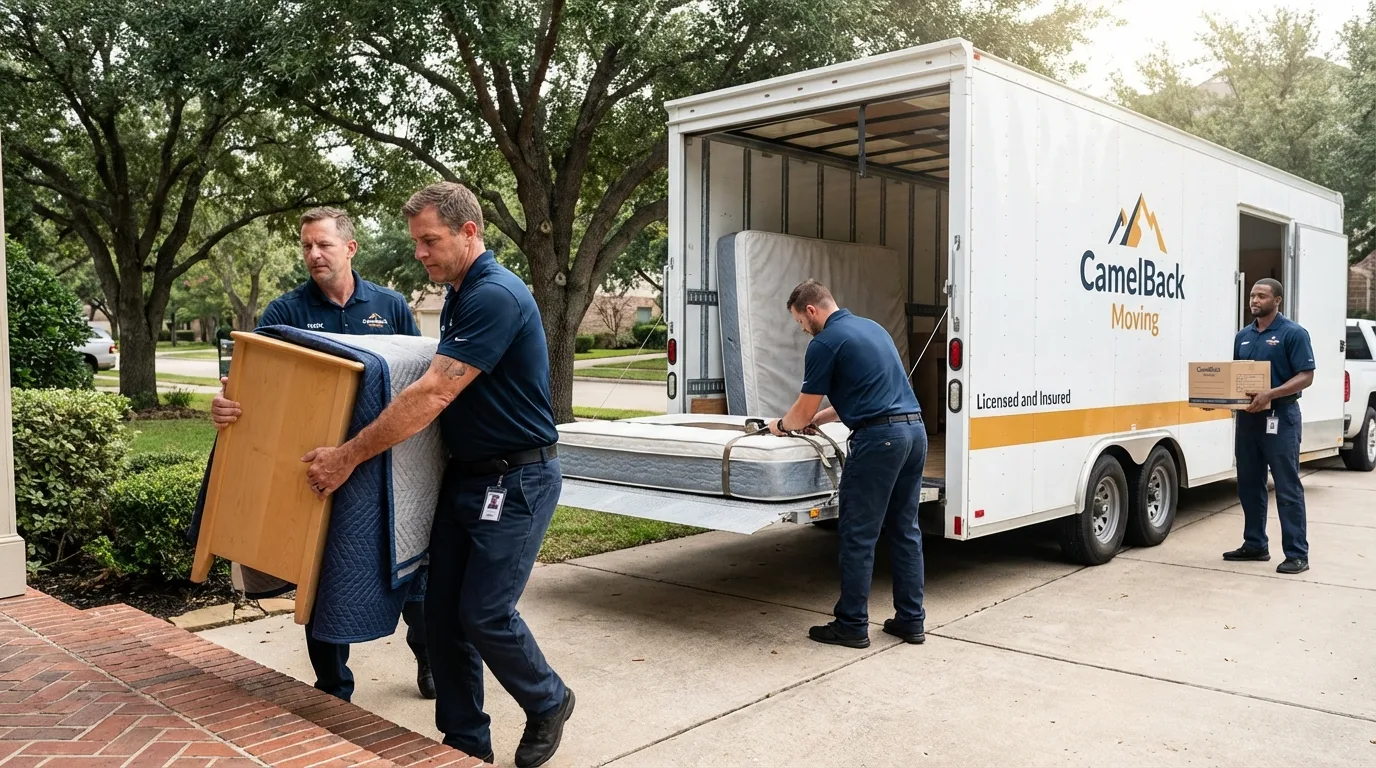 Crew loading residential truck for cross-state move from Plains, TX