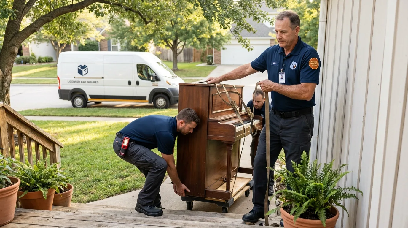 Licensed piano movers securing grand piano in Plains, TX