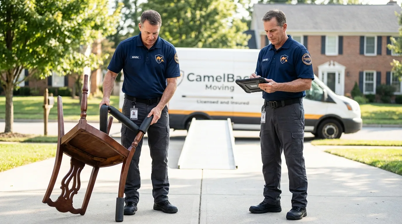 Movers inspecting furniture for damage prevention before loading in Plains, TX